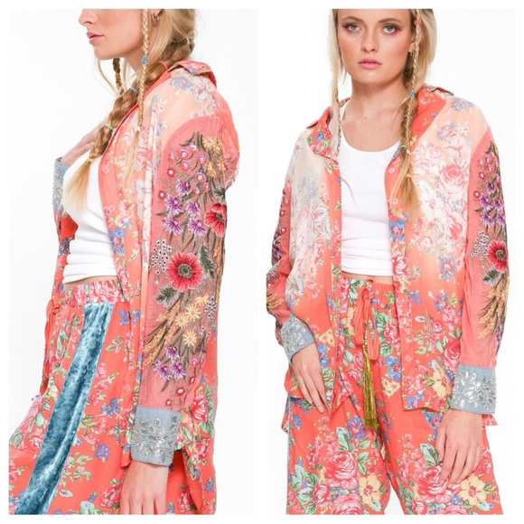 Aratta Girls Are Young Pink Embroidered Floral Long Sleeve Button Down Blouse - Picture 1 of 16